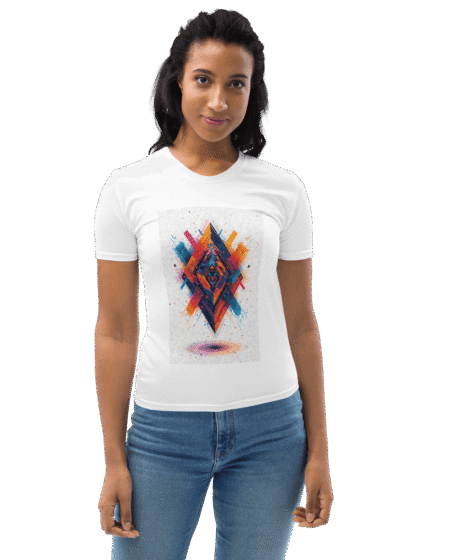 White women's t-shirt with colorful geometric pattern (blue, pink, yellow) and modern line details. Classic regular fit cotton-blend tee for everyday wear.