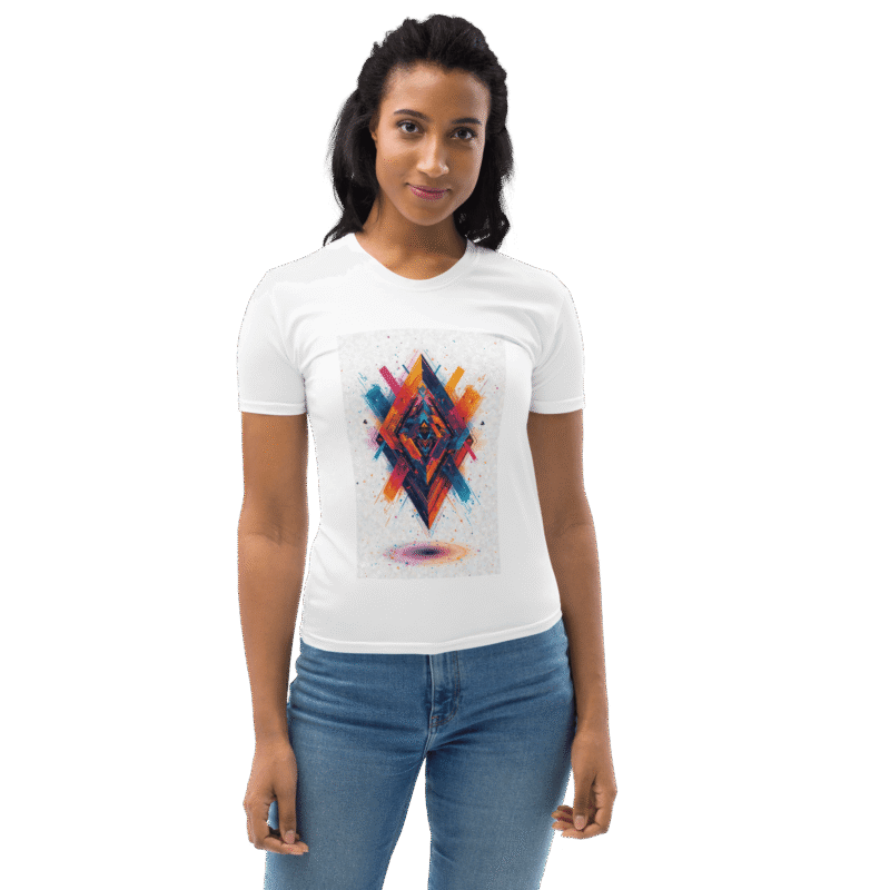 White women's t-shirt with colorful geometric pattern (blue, pink, yellow) and modern line details. Classic regular fit cotton-blend tee for everyday wear.