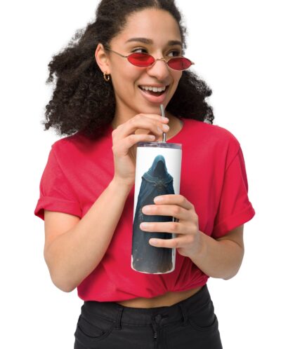 White coffee mug printed with an artistic ninja design, featuring a woman holding the ninja - perfect for martial arts fans
