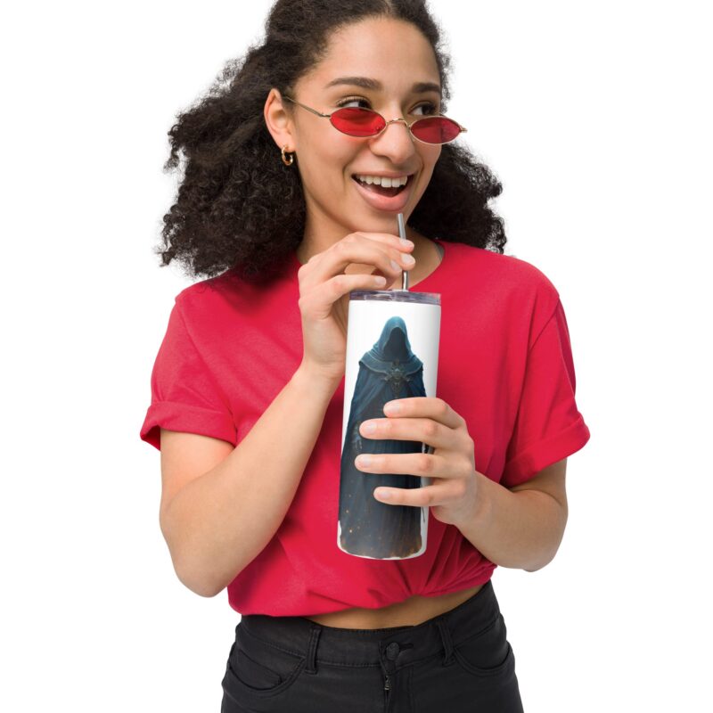White coffee mug printed with an artistic ninja design, featuring a woman holding the ninja - perfect for martial arts fans