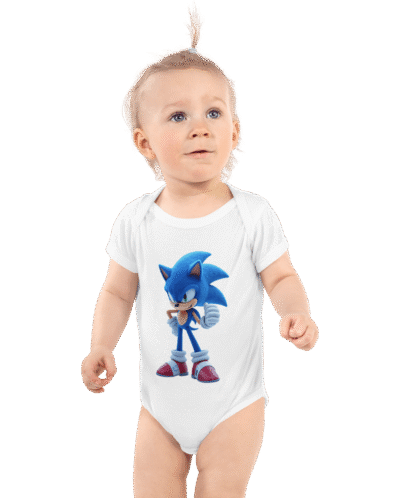 `Adorable blue Sonic the Hedgehog baby bodysuit with snap closures, made from 100% soft cotton for newborns`